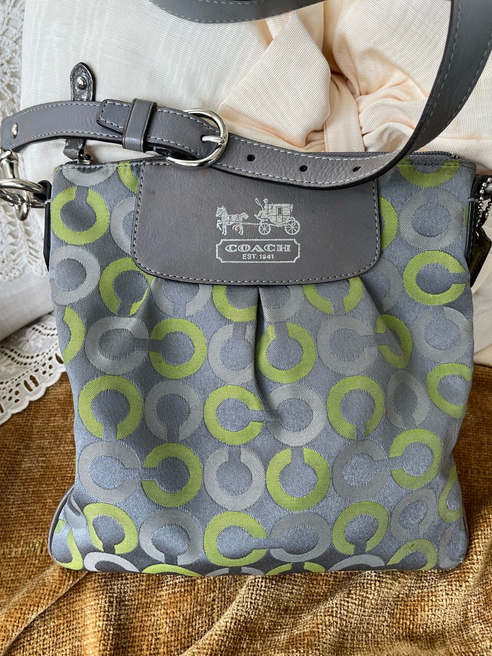 Coach Op Art Gray 🩶💚 Lime Circle Jacquard Shoulder Bag with Leather Trim, GUC
